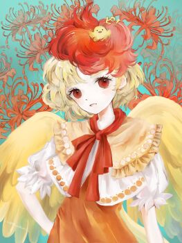 ! 1girl aqua_background baby_animal bird bird_wings blonde_hair capelet chick dress feathered_wings flower grin hand_on_own_hip highres light_blush medium_hair multicolored_hair natsuakari neckerchief niwatari_kutaka open_mouth orange_capelet orange_dress puffy_short_sleeves puffy_sleeves red_eyes red_hair red_neckerchief short_sleeves smile solo spider_lily touhou two-tone_hair upper_body white_sleeves wings yellow_wings