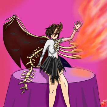 bone brown_hair fire fossilized_wonders highres iwanaga_ariya mask non-web_source red_eyes shirt short_hair skirt table toon_(style) touhou wings