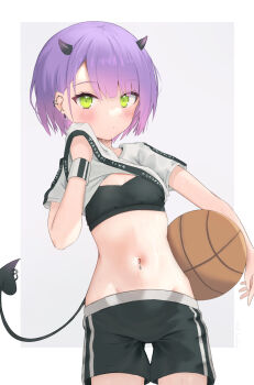 1girl badao ball basketball_(object) black_horns black_shorts black_sports_bra blush breasts carrying carrying_under_arm character_name clothes_lift clothes_pull clothes_writing cowboy_shot crop_top demon_girl demon_horns ear_piercing gradient_background gradient_hair green_eyes groin highres holding holding_ball hololive hololive_dance_practice_uniform horns inverted_cross_earrings lifting_own_clothes looking_at_viewer midriff multicolored_hair multiple_piercings navel navel_piercing official_alternate_costume official_alternate_hair_length official_alternate_hairstyle parted_lips piercing pointy_ears purple_hair shirt shirt_lift shirt_pull short_hair shorts small_breasts solo spike_piercing sports_bra sportswear stomach sweat swept_bangs t-shirt tail tail_ornament tail_piercing tokoyami_towa twitter_username very_sweaty virtual_youtuber white_shirt wiping_sweat wiping_with_clothes