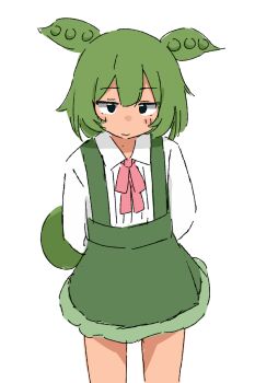 Rule 34 | arms behind back, black eyes, blunt bangs, blush, closed mouth, collared shirt, commentary, cowboy shot, double-parted bangs, green hair, green skirt, highres, jitome, kendama club, looking at viewer, neckerchief, ponytail, red neckerchief, shirt, simple background, skirt, standing, suspender skirt, suspenders, tagme, voiceroid, white background, white shirt, zundamon