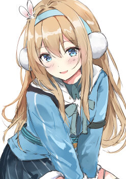 1girl absurdres aizawa_(aizawatsu) blonde_hair blue_eyes blue_shirt blue_skirt bow commentary girls&#039;_frontline girls&#039;_frontline_2:_exilium green_bow highres light_blush long_hair looking_at_viewer open_mouth sailor_collar sailor_shirt shirt simple_background skirt solo suomi_(girls&#039;_frontline) suomi_(girls&#039;_frontline_2) upper_body white_background