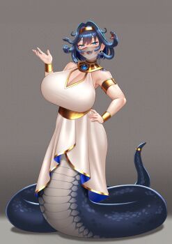 1girl alternate_costume bare_shoulders black_hair blue_eyes blue_hair bow breasts cipher4109 cleavage dress hair_between_eyes hair_intakes highres hololive hololive_english huge_breasts jewelry lamia large_breasts long_hair looking_at_viewer medusaronii_(ouro_kronii) monster_girl mouth_veil official_alternate_costume open_mouth ouro_kronii scales short_hair simple_background smile snake_hair solo standing veil virtual_youtuber