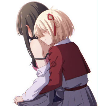 2girls black_hair blonde_hair blush bob_cut closed_mouth commentary_request cowboy_shot dress ear_blush grey_dress hair_over_eyes hair_ribbon highres hug hug_from_behind inoue_takina kage_ochi long_hair lycoris_recoil lycoris_uniform multiple_girls nishikigi_chisato no_eyes pleated_dress profile red_ribbon ribbon short_hair simple_background standing two-tone_dress undressing white_background yuri