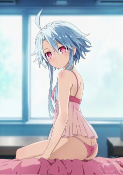 1girl ahoge alternate_costume artist_name ass bare_shoulders blue_hair blurry blurry_background blush breasts closed_mouth commentary corrupted_twitter_file day english_commentary expressionless feet_out_of_frame hair_between_eyes highres indoors looking_at_viewer neptune_(series) panties pink_panties power_symbol power_symbol-shaped_pupils red_eyes short_hair_with_long_locks sidelocks sitting small_breasts solo spleeny symbol-shaped_pupils underwear white_heart_(neptunia)