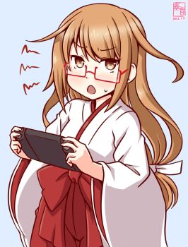 1girl alternate_costume artist_logo blue_background blush brown_eyes brown_hair commentary_request cowboy_shot dated glasses gradient_background hakama hakama_skirt japanese_clothes kanon_(kurogane_knights) kantai_collection kimono logo long_hair long_sleeves miko mochizuki_(kancolle) nintendo_switch_2 one-hour_drawing_challenge open_mouth red-framed_eyewear red_hakama semi-rimless_eyewear skirt solo upper_body white_kimono