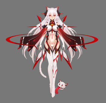 Rule 34 | 1girl, absurdres, animal ears, bad id, bad pixiv id, breasts, cat ears, cat tail, elbow gloves, full body, gloves, gluteal fold, grey background, hair between eyes, headgear, highleg, highres, long hair, looking at viewer, medium breasts, nipple bells, original, red eyes, revealing clothes, science fiction, solo, tail, thighhighs, white gloves, white hair, white thighhighs, zhuore zhi hen