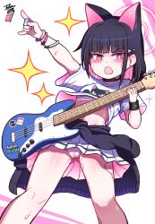Rule 34 | 1girl, :o, \m/, animal ears, arm up, black choker, black hair, black jacket, black wristband, blue archive, blunt bangs, bob cut, bracelet, cat ears, cat girl, choker, clothes around waist, colored inner hair, commentary request, earrings, electric guitar, english text, extra ears, guitar, halo, highres, holding, holding instrument, holding plectrum, hot, instrument, jacket, jacket around waist, jewelry, kazusa (band) (blue archive), kazusa (blue archive), looking at viewer, multicolored hair, music, official alternate costume, panties, pantyshot, playing instrument, pleated skirt, plectrum, print shirt, red eyes, sarashi, shasa2456, shirt, short hair, short sleeves, sidelocks, simple background, skirt, solo, t-shirt, two-tone hair, underwear, v-shaped eyebrows, white background, white panties, white shirt, white skirt
