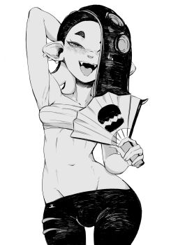 1futa arm_behind_head armpits black_pants blush breasts bulge collarbone commentary_request cowboy_shot earrings fangs futanari greyscale groin hair_over_one_eye half-closed_eyes hand_fan highres holding holding_fan jewelry long_hair medium_breasts monochrome navel nintendo obsydian0x octoling open_mouth pants pointy_ears sarashi shiver_(deep_cut_outfit)_(splatoon) shiver_(splatoon) simple_background solo splatoon_(series) splatoon_3 stomach suction_cups tentacle_hair tight_clothes tight_pants tongue tongue_out tsurime white_background
