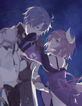 1boy 1girl ahoge armor blue_eyes coat commentary_request cyrene_(aedes_elysiae)_(honkai:_star_rail) cyrene_(honkai:_star_rail) dress hand_on_another&#039;s_cheek hand_on_another&#039;s_face highres holding_hands honkai:_star_rail honkai_(series) night night_sky outdoors pauldrons phainon_(honkai:_star_rail) pink_hair purple_coat shoulder_armor single_pauldron sky smile star_(sky) starry_sky tanpopoyaki white_coat white_dress white_hair