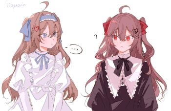 Rule 34 | ..., 2girls, ?, ahoge, black bow, black bowtie, black dress, blue eyes, blue hairband, blue ribbon, bow, bowtie, broken heart, broken heart hair ornament, brown hair, closed mouth, commentary, dress, english commentary, evil neuro-sama, from side, hair between eyes, hair ornament, hair ribbon, hairband, heart, heart hair ornament, liquain, long hair, long sleeves, multiple girls, neck ribbon, neuro-sama, puffy long sleeves, puffy sleeves, red eyes, red ribbon, ribbon, siblings, simple background, sisters, twins, two side up, upper body, vedal ai, virtual youtuber, white background, white dress