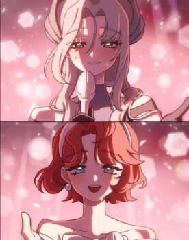 Rule 34 | 2girls, :d, bare shoulders, blue eyes, blush, commentary, english commentary, grey eyes, grey hair, grin, haihaiera, hair ornament, hairband, highres, holding, looking at viewer, marsha (reverse:1999), mole, mole under eye, multiple girls, open mouth, pink background, portrait, red hair, reverse:1999, sentinel (reverse:1999), sidelighting, smile, sweat, white hairband