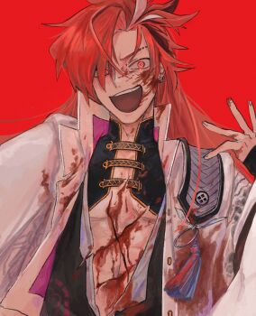 1boy absurdres azi_pra blood blood_on_chest blood_on_face blood_on_hands commentary_request earrings fate/grand_order fate_(series) highres injury jewelry long_hair looking_at_viewer male_focus open_mouth red_background red_eyes simple_background solo takasugi_shinsaku_(fate) tassel upper_body