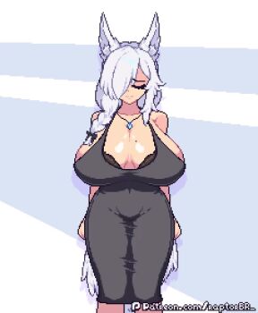 Rule 34 | 1girl, 2025, abstract background, adjusting clothes, alternate costume, animal ear fluff, animal ears, animated, arm at side, bare shoulders, black bow, black dress, black sleeves, bouncing breasts, bow, bra, braid, breasts, brown bra, cleavage, clenched teeth, closed mouth, collarbone, commentary, cowboy shot, detached sleeves, discordia (vtuber), dress, embarrassed, english commentary, eyelashes, female focus, fox ears, fox girl, grey hair, hair between eyes, hair bow, hair over one eye, hair over shoulder, halterneck, huge breasts, indie virtual youtuber, jewelry, large breasts, lips, long braid, long hair, looking at viewer, looping animation, mole, mole on breast, necklace, pixel art, pulling own clothes, raptorbr, red eyes, simple background, single braid, sleeveless, sleeveless dress, solo, standing, straight-on, strap pull, teeth, undersized clothes, underwear, very long hair, video, virtual youtuber, white background, white hair