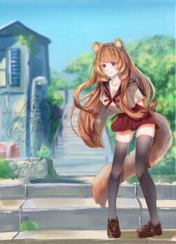 2girls :d absurdres alternate_costume animal_ear_fluff animal_ears arm_up arms_behind_back backpack bag black_panties black_sailor_collar black_thighhighs blunt_bangs boots bow bowtie breasts brown_boots brown_hair brown_serafuku cameltoe cleavage closed_eyes collarbone commentary day english_commentary facing_viewer filo_(tate_no_yuusha_no_nariagari) floating_hair gluteal_fold grin highres kneehighs large_breasts loafers long_hair looking_at_viewer microskirt multiple_girls neck_ribbon nemmori open_mouth outdoors outline overgrown panties pleated_skirt raccoon_ears raccoon_girl raccoon_tail raphtalia red_eyes red_ribbon red_skirt ribbon sailor_collar school_uniform serafuku shoes skindentation skirt smile socks stairs standing standing_on_one_leg straight_hair tail tate_no_yuusha_no_nariagari thighhighs tree underwear unfinished waving zettai_ryouiki