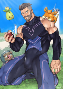 1boy absurdres bara beard black_bodysuit bodysuit bulge closed_mouth facial_hair highres holding holding_poke_ball kneeling large_pectorals lechonk looking_at_viewer male_focus multicolored_bodysuit muscular muscular_male nintendo outdoors pawmi pectorals pink_bodysuit poke_ball pokemon pokemon_(creature) pokemon_sv purple_bodysuit short_hair sky smoliv suyohara professor_turo undercut