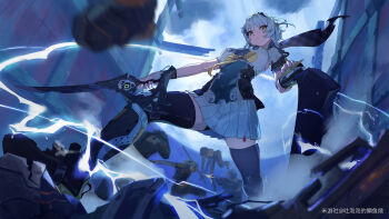 2girls 6+others absurdres anby_demara anby_demara_(silver_soldier) armored_boots bike_shorts bike_shorts_under_skirt black_hairband black_thighhighs blurry blurry_foreground boots braid braided_sidelocks breasts burger_hair_ornament closed_mouth cloud cloudy_sky commentary_request dual_wielding electricity fighting fingerless_gloves firing food-themed_hair_ornament gloves grey_hair hair_ornament hairband highres holding holding_sword holding_weapon looking_at_another medium_breasts multiple_girls multiple_others orange_eyes outdoors short_hair shrug_(clothing) sideboob_cutout sky soldier_11_(zenless_zone_zero) sword thighhighs tu_pao_diao_yu_shao weapon white_gloves white_shrug zenless_zone_zero