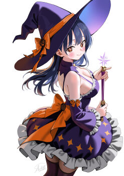1girl absurdres alternate_costume back_bow blush boku_no_kokoro_no_yabai_yatsu bow breasts brown_eyes closed_mouth commentary_request detached_sleeves dress frilled_dress frills halloween hat highres large_breasts long_hair looking_at_viewer purple_dress purple_sleeves purple_thighhighs signature silent_armor simple_background sleeveless sleeveless_dress solo thighhighs wand white_background witch witch_hat yamada_anna