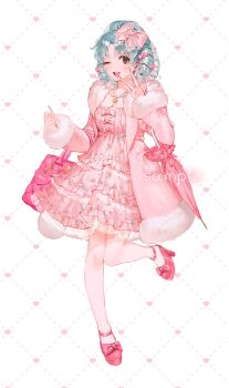 1girl ;d absurdres aqua_hair bead_necklace beads bow brown_eyes closed_umbrella coat commentary_request dress earrings fingernails floral_print floral_print_dress footwear_bow frilled_bow frills full_body fur-trimmed_coat fur-trimmed_sleeves fur_trim hair_bow highres idolmaster idolmaster_million_live! jewelry long_fingernails long_sleeves looking_at_viewer medium_hair nail_polish necklace one_eye_closed open_clothes open_coat open_mouth parted_bangs pink_bag pink_bow pink_coat pink_dress pink_nails pink_shoes print_dress ringlets sample_watermark shoes smile solo standing standing_on_one_leg teeth tokugawa_matsuri umbrella upper_teeth_only v watermark yatatashira