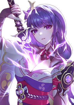 1girl blush braid breasts cleavage commentary_request flower genshin_impact hair_ornament highres holding holding_sword holding_weapon japanese_clothes kimono large_breasts long_hair looking_at_viewer mole mole_under_eye pontaro2 purple_eyes purple_hair raiden_shogun solo sword weapon