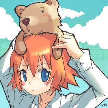 1girl animal animal_on_head aqua_background archived_source artist_name black_eyes blue_eyes blue_sky blush_stickers buttons closed_mouth cloud collared_shirt commentary dress_shirt expressionless green_sky hair_between_eyes holding holding_animal jaggy_lines kaleido_star korean_commentary long_sleeves looking_at_viewer lowres on_head orange_hair rosetta_passel shirt short_hair sky solid_oval_eyes straight_hair tiv upper_body white_sleeves wing_collar