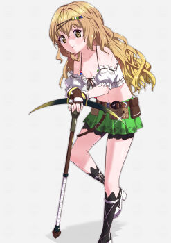 1girl absurdres ankle_lace-up atelier_(series) atelier_ayesha bare_shoulders blonde_hair breasts brown_eyes cleavage crop_top fingerless_gloves foot_out_of_frame gloves green_skirt grin hair_ornament high_heels highres long_hair looking_at_viewer midriff navel pickaxe pouch regina_kurtis simple_background skirt smile solo toku_sonchou tongue tongue_out wavy_hair white_background