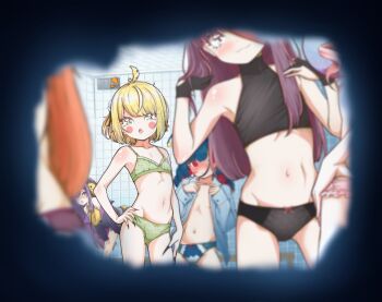 6+girls ahoge bent_over black_nails black_panties black_shirt blonde_hair blue_hair blue_panties blue_shirt blurry_edges blush_stickers bow bow_bra bow_panties bra commentary crop_top cropped_shirt crotch_seam english_commentary fallenshadow fidgeting fingernails green_bra green_panties halterneck hidden_camera index_fingers_together indie_virtual_youtuber indoors inis_(vtuber) loli long_fingernails long_sleeves looking_at_viewer multiple_girls navel no_bra open_clothes open_mouth open_shirt panties pettan_(zeez4743) print_bra print_panties sharp_fingernails shirt short_hair sleeveless sleeveless_shirt standing stomach tile_wall tiles underwear underwear_only virtual_youtuber voyeurism