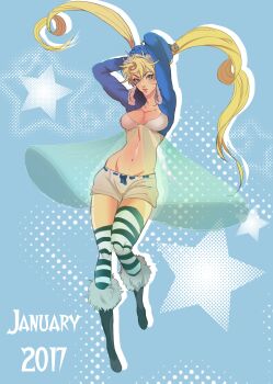 Rule 34 | 1girl, 2017, arms up, babydoll, blonde hair, blue eyes, blue jacket, boots, breasts, cropped jacket, facial mark, fur-trimmed boots, fur trim, genderswap, genderswap (mtf), highres, hood, hoodie, jacket, jonya, long hair, midriff, naruko (naruto), naruto (classic), naruto (series), sexy no jutsu, short shorts, shorts, solo, striped clothes, striped thighhighs, thighhighs, toned, twintails, whisker markings