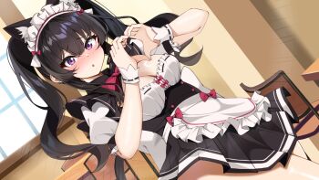 1girl :o animal_ear_fluff animal_ears apron black_apron black_hair black_skirt blush bow bowtie breasts buttons cafe cat_ears cleavage commentary cowboy_shot double-breasted dutch_angle embarrassed fake_animal_ears frilled_apron frilled_sleeves frills furrowed_brow game_cg hair_between_eyes hands_up heart heart_hands highres indoors kuromiya_reika large_breasts long_hair looking_at_viewer maid maid_apron maid_day maid_headdress miniskirt nose_blush official_art open_mouth pleated_skirt puffy_short_sleeves puffy_sleeves purple_eyes ray_(rays_26) re:fragment_~absolute_ambition~ red_bow red_bowtie short_sleeves skirt solo twintails very_long_hair white_apron white_wrist_cuffs wrist_cuffs