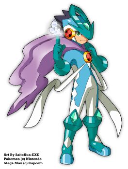 1boy absurdres alternate_costume artist_name black_hair blue_gloves boots commentary copyright_name cosplay crossover double_soul_(mega_man) full_body gen_2_pokemon gloves helmet highres legendary_pokemon male_focus mega_man_(series) mega_man_battle_network_(series) megaman.exe netnavi nintendo outstretched_arms pokemon shoutaro_saito smile solo spread_arms standing suicune suicune_(cosplay)