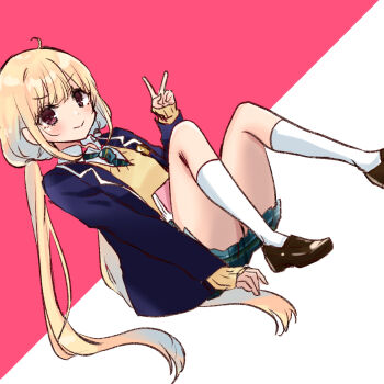 >:) 1girl black_shoes blazer blonde_hair blue_jacket blue_necktie blue_skirt brown_eyes closed_mouth collared_shirt diagonal-striped_clothes diagonal-striped_necktie dutch_angle futaba_anzu hand_up highres idolmaster idolmaster_cinderella_girls idolmaster_cinderella_girls_starlight_stage jacket loafers long_hair long_sleeves low_twintails necktie open_clothes open_jacket pink_background plaid_clothes plaid_skirt pleated_skirt rino_cnc school_uniform shirt shoes skirt sleeves_past_wrists smile socks solo striped_clothes sweater twintails two-tone_background v-shaped_eyebrows very_long_hair white_background white_shirt white_socks yellow_sweater