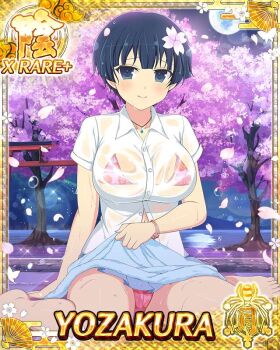 1girl after_rain blue_eyes blue_hair blue_skirt border bowl_cut bra bra_visible_through_clothes breasts card_(medium) character_name cherry_blossoms closed_mouth falling_petals flower full_moon game_cg hair_flower hair_ornament large_breasts looking_at_viewer moon night official_art panties petals pink_bra pink_panties pink_petals see-through_clothes see-through_shirt senran_kagura senran_kagura_new_wave shirt short_hair sitting skirt smile solo third-party_source tree underwear wariza water wet wet_clothes wet_hair wet_shirt white_shirt yozakura_(senran_kagura)