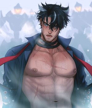 1boy abs absurdres bandaged_neck bandages bara beard_stubble black_hair black_shirt blue_eyes blurry blurry_background chalseu chest_hair clockwork_meka_(genshin_impact) collarbone collared_shirt commentary ear_piercing earrings english_commentary facial_hair facial_scar genshin_impact grey_hair hair_between_eyes highres jewelry large_pectorals lower_teeth_only male_focus multicolored_hair navel necktie nipples open_clothes open_mouth open_shirt outdoors parted_bangs pectorals piercing red_necktie robot scar scar_on_cheek scar_on_chest scar_on_face scar_on_neck scar_on_stomach shirt short_hair short_sleeves snowflakes solo stomach streaked_hair stubble stud_earrings sweat teeth undone_necktie upper_body v-shaped_eyebrows wriothesley_(genshin_impact)
