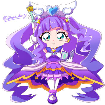 Rule 34 | 1girl, arched bangs, arm up, book, brooch, chibi, chibi only, closed mouth, clothing cutout, commentary, cure majesty, detached sleeves, dress, earclip, elbow gloves, ellee-chan, frilled thighhighs, frills, full body, gloves, gold choker, hair ornament, half-dress, heart, heart hair ornament, high-low dress, hirogaru sky! precure, holding, holding book, jewelry, legs together, long hair, looking at viewer, magical girl, majestic chroniclon, mary janes, medium dress, precure, puffy detached sleeves, puffy sleeves, purple dress, purple hair, purple shoes, shoes, signature, smile, soboro (jitome dan), solo, split mouth, standing, thick eyebrows, thighhighs, twitter username, two side up, v-shaped eyebrows, very long hair, white background, white gloves, white thighhighs, wing brooch, wing hair ornament, zettai ryouiki