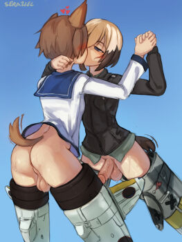 2futa ass blonde_hair blue_eyes blush bottomless breasts brown_hair dog_tail dress erica_hartmann flying futanari highres holding_hands kiss looking_at_another military military_uniform miyafuji_yoshika multicolored_hair multiple_futa no_panties penis sailor_dress seraziel sky small_breasts strike_witches striker_unit tail testicles world_witches_series