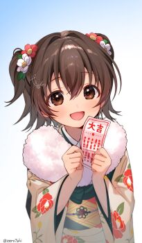 1girl :d akagi_miria blue_background brown_eyes brown_hair commentary_request floral_print floral_print_kimono flower fur-trimmed_kimono fur_trim gradient_background hair_flower hair_intakes hair_ornament highres idolmaster idolmaster_cinderella_girls japanese_clothes kimono long_sleeves looking_at_viewer medium_hair new_year obi open_mouth print_kimono red_flower sash smile solo two-tone_background two_side_up upper_body white_background white_flower wide_sleeves yellow_kimono zero7shi
