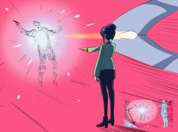 1boy 1girl comic_panel_redraw derivative_work disintegration dr._manhattan dr._manhattan_kills_rorschach_(meme) funnels_(gundam) gfred gun gundam gundam_gquuuuuux hair_bun holding holding_gun holding_weapon long_sleeves meme military_uniform miniskirt nyaan_(gundam_gquuuuuux) pantyhose reference_inset sketch skirt spoilers uncleduk watchmen weapon zeon