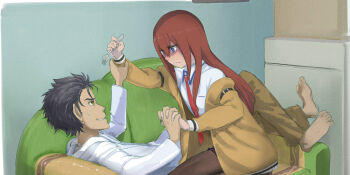 1boy 1girl arm_belt barefoot belt black_pantyhose black_shorts breast_pocket breasts brown_hair brown_jacket clenched_teeth collared_shirt couch grin hair_between_eyes hair_over_shoulder highres holding holding_spork indoors jacket jacket_partially_removed lab_coat leather_belt makise_kurisu menomorute messy_hair necktie nervous_smile okabe_rintarou pantyhose partially_shaded_face pocket purple_eyes purple_trim red_necktie science_adventure shirt short_hair shorts sitting small_breasts smile spork steins;gate teeth toenails white_belt white_shirt wrestling yellow_eyes