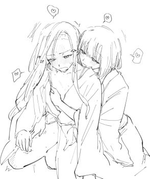 2girls ^^^ blush commentary drooling grabbing_another&#039;s_breast groping hand_on_another&#039;s_thigh hand_under_clothes heart hug hug_from_behind japanese_clothes kimono kirarazaka_marina kuze_shizuka light_smile long_sleeves mobudeshi mouth_drool multiple_girls open_clothes open_kimono sketch spoken_heart takopii_no_genzai yukata yuri