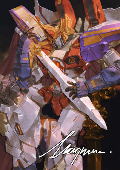 1boy absurdres airplane_wing arched_crown armor cape cotttton crown crown_bow decepticon f-15_eagle gold_crown highres holding holding_sword holding_weapon insignia jeweled_crown king looking_at_viewer male_focus mecha no_humans pointed_crown robot science_fiction shoulder_armor sitting smile solo starscream sword transformers transformers:_generation_1 transformers_the_movie weapon