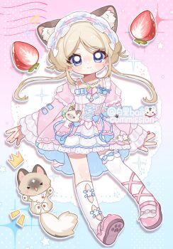 Rule 34 | 1girl, animal, animal ear fluff, animal ears, ankle lace-up, artist name, asymmetrical legwear, baili (mhs 1830189), blonde hair, blue eyes, blush, blush stickers, closed mouth, commission, dress, drop shadow, food, fox, fox ears, frilled dress, frilled hairband, frilled sleeves, frills, fruit, full body, hairband, highres, jewelry, kneehighs, long hair, long sleeves, looking at viewer, low twintails, necklace, notice lines, original, outline, parted bangs, pink dress, pink hairband, pink shoes, shoes, single kneehigh, single sock, single thighhigh, smile, socks, solo, sparkle, standing, strawberry, thighhighs, twintails, uneven legwear, white outline, white socks, white thighhighs