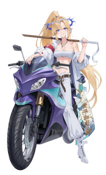 Rule 34 | 1girl, absurdres, alternate costume, alternate hairstyle, bandaid, bandaid on shoulder, blonde hair, blue eyes, bokken, boots, breasts, chest sarashi, cleavage, coat, collarbone, commentary, crown of thorns, cryturtle, fleurdelys (wuthering waves), high heel boots, high heels, high ponytail, highres, holding, holding sword, holding weapon, jewelry, long hair, looking at viewer, medium breasts, motor vehicle, motorcycle, navel, necklace, out of character, pants, parted lips, pointy ears, ponytail, sarashi, side part, sidelocks, simple background, single bare shoulder, smile, solo, stomach, sword, symbol-only commentary, very long hair, weapon, white background, white boots, white coat, white pants, wooden sword, wuthering waves