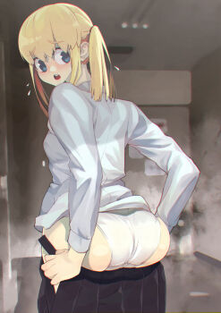 1girl ass black_skirt blonde_hair blue_eyes blush breasts dressing eyebrows_hidden_by_hair from_behind hair_between_eyes looking_back looking_down medium_hair open_mouth original panties school_uniform shirt short_twintails skirt small_breasts solo sugimoto_takeshi sweatdrop twintails undersized_clothes underwear white_panties white_shirt