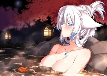 Rule 34 | 1girl, animal ears, blue eyes, female focus, fox ears, hair up, konshin, multicolored hair, nude, onsen, orie mishiro, original, partially submerged, short hair, solo, two-tone hair, upper body, white hair