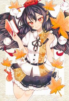 1girl absurdres black_hair black_ribbon black_skirt black_wings blush book commentary feathered_wings geta hand_fan hat hauchiwa highres holding holding_book holding_fan leaf leaf_print looking_ahead maple_leaf maple_leaf_print marker_(medium) miyabiii_oekaki neck_ribbon orange_eyes pointy_ears pom_pom_(clothes) puffy_short_sleeves puffy_sleeves ribbon shameimaru_aya shirt short_sleeves skirt smile solo standing standing_on_one_leg tengu-geta tokin_hat touhou traditional_media white_shirt wings