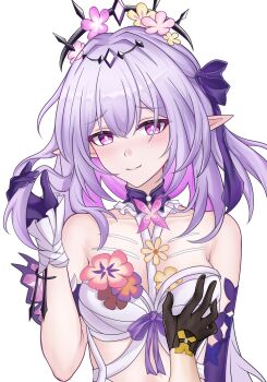 1girl 2girls absurdres asymmetrical_gloves black_tiara blush breasts castorice_(honkai:_star_rail) commentary_request dress elbow_gloves flower gloves grabbing_another&#039;s_breast groping hair_flower hair_ornament highres honkai:_star_rail honkai_(series) kasoke_youmu long_hair looking_at_viewer medium_breasts mismatched_gloves multiple_girls pointy_ears pov pov_hands purple_eyes purple_gloves purple_hair simple_background stelle_(honkai:_star_rail) tiara trailblazer_(honkai:_star_rail) upper_body very_long_hair white_background white_dress yuri