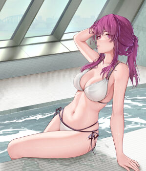 1girl arm_support arm_up bare_shoulders bikini breasts cleavage commentary dealesis english_commentary hand_in_own_hair highres honkai:_star_rail honkai_(series) indoors kafka_(honkai:_star_rail) large_breasts long_hair looking_at_viewer navel parted_lips ponytail pool poolside purple_eyes purple_hair rei_no_pool side-tie_bikini_bottom sitting soaking_feet solo swimsuit white_bikini window