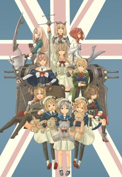 absurdres adapted_costume ark_royal_(kancolle) blonde_hair bow_(weapon) brown_hair cloud compound_bow country_connection crown day dress flag_background full_body hashtag-only_commentary headgear highres house janus_(kancolle) javelin_(kancolle) jervis_(kancolle) kantai_collection long_hair machinery military_uniform mini_crown nelson_(kancolle) perth_(kancolle) pot-de red_hair rodney_(kancolle) sailor_dress scepter sheffield_(kancolle) short_hair sitting sky standing stuffed_animal stuffed_toy teddy_bear union_jack valiant_(kancolle) victorious_(kancolle) warspite_(kancolle) weapon