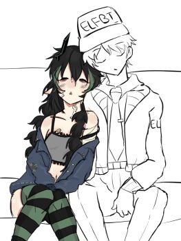 1boy 1girl 2025 artist_request bandaid_on_chest bare_shoulders belly black_hair clavicles closed_eyes elfbi elfinpsyop green_socks hug indie_virtual_youtuber knees_together_feet_apart mechanical_antennae pointy_ears sleeping socks thighs white_background