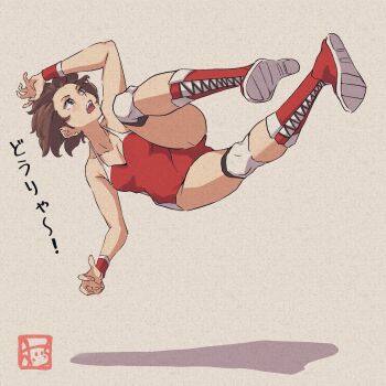 1girl ass breasts brown_eyes brown_hair commentary_request full_body highres knee_pads leotard logo medium_breasts midair oicchikun open_mouth original paper_texture red_leotard short_hair simple_background solo translation_request wrestler wrestling wrestling_boots wrestling_outfit wristband