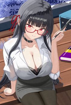 1girl absurdres alternate_breast_size_(larger) alternate_costume bespectacled black_bra black_choker black_hair black_pantyhose bra bra_visible_through_clothes breasts chinese_commentary chisa_(wuthering_waves) choker cleavage collarbone commentary_request desk ganguro ghostrider_(ghost_and_rider) glasses grey_skirt gyaru hair_ribbon highres holding holding_pen huge_breasts long_hair looking_at_viewer mole mole_under_eye on_desk pantyhose parted_lips pen red-framed_eyewear red_eyes red_ribbon ribbon semi-rimless_eyewear shirt sitting skirt smile solo under-rim_eyewear underwear white_shirt wuthering_waves